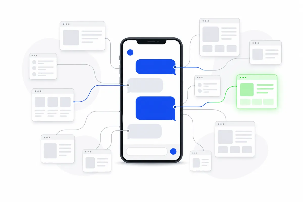 Illustration of a phone chatting with an AI assistant that pulls from lots of web pages