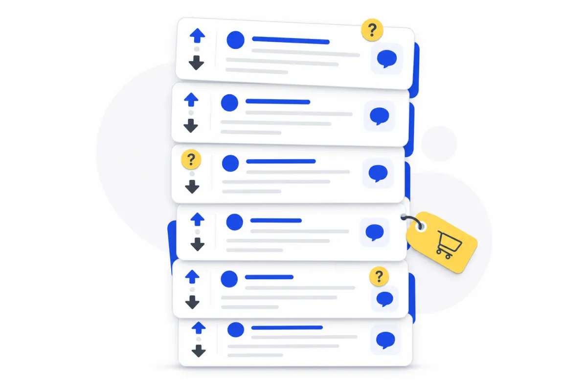Illustration of a stack of forum posts, with a shop price tag tucked behind one