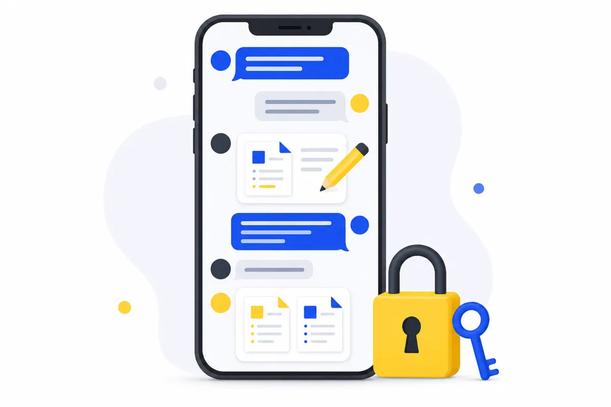 Illustration of a phone showing a group chat with shared documents, next to a padlock and key