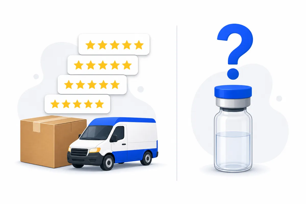 Illustration of five-star reviews and a delivery van on one side, and a vial with a question mark on the other